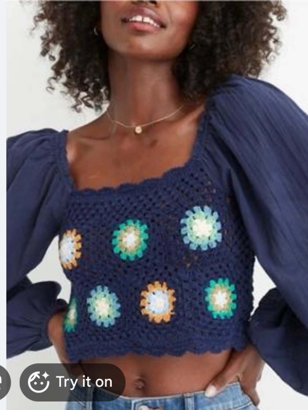 aerie Navy Crochet Granny Square Puff Sleeve Crop Top